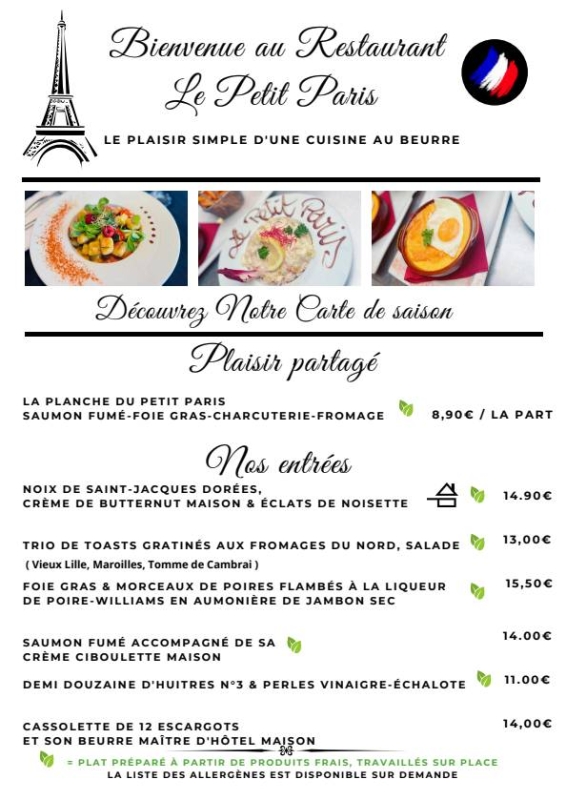 Carte - Le Petit Paris - Restaurant Douai - top restaurant DOUAI