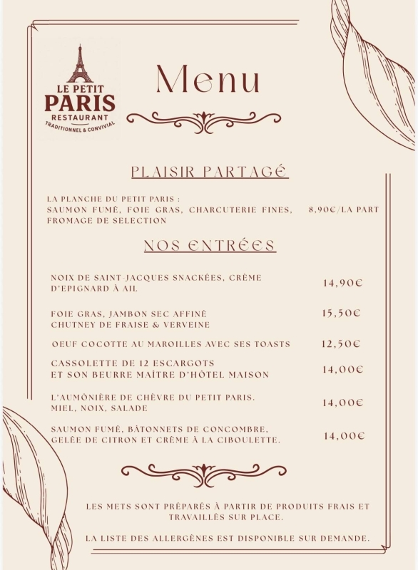 Carte - Le Petit Paris - Restaurant Douai - meilleur resto DOUAI
