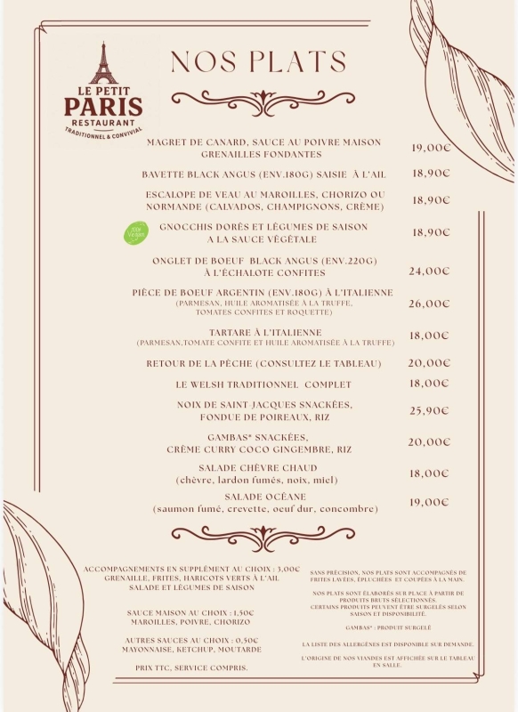Carte - Le Petit Paris - Restaurant Douai - restaurant DOUAI