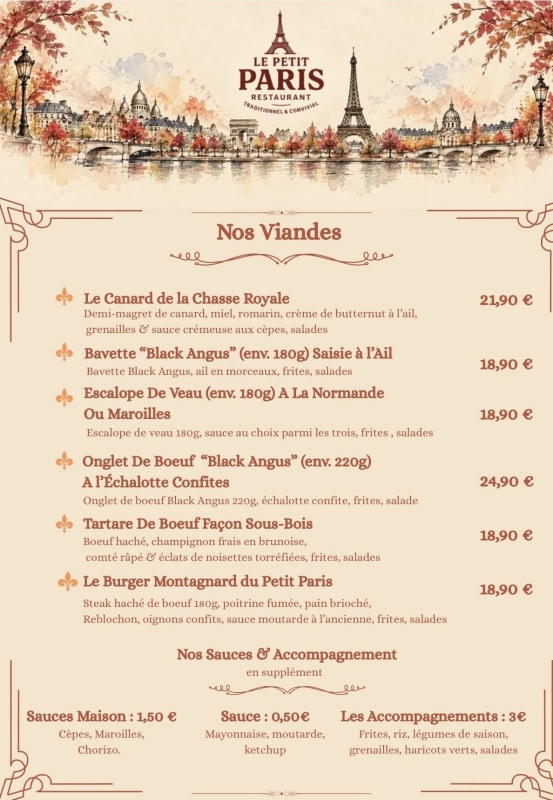 Carte - Le Petit Paris - Restaurant Douai - meilleur resto DOUAI